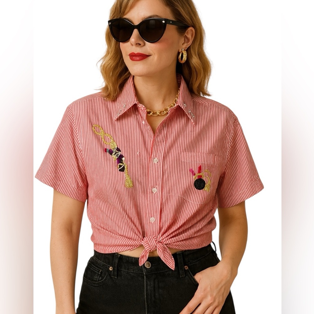 Vintage 80s Dimension Striped Embroidered Shirt XL Rockabilly Western Korea